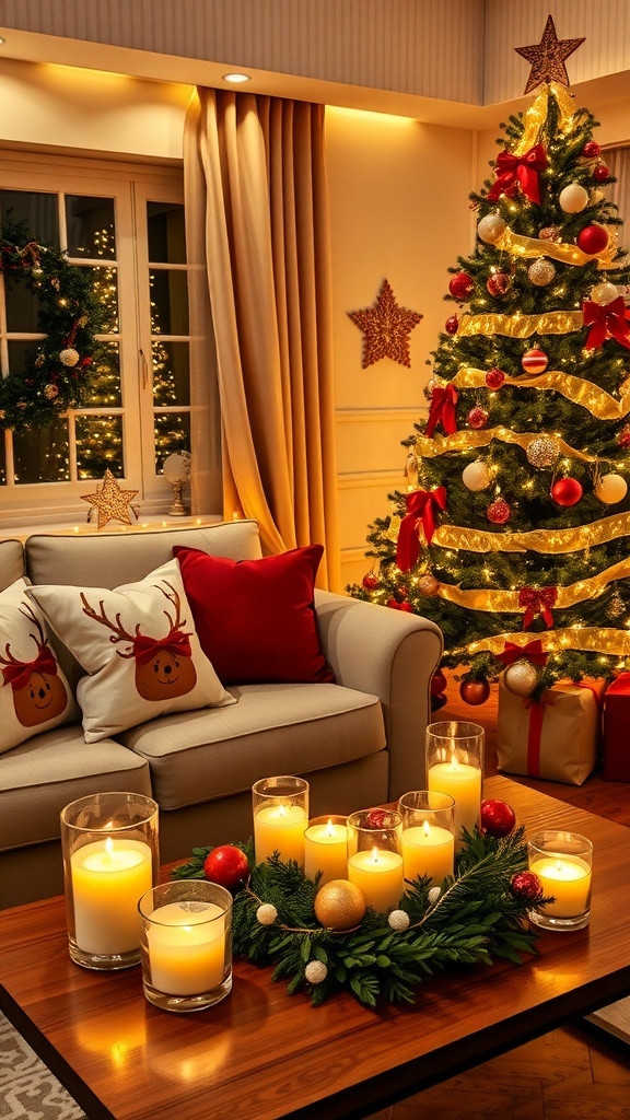 A festive living room decorated for Christmas with a tree, ornaments, and cozy decor.